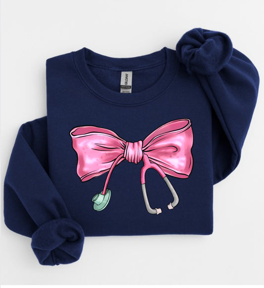 Glossy Pink Bow and Stethoscope Design Sweatshirt – Stylish Navy Blue Healthcare Apparel