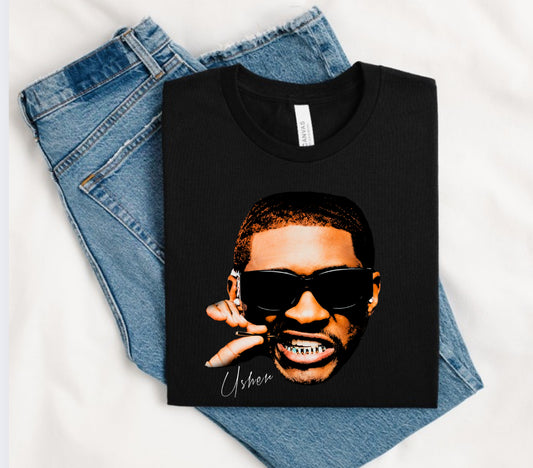 Usher-Inspired Black Graphic T-Shirt with Bold Sunglasses Design – Hip-Hop Streetwear Fashion